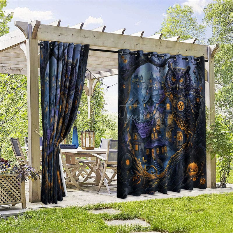 Aperturee - Aperturee Halloween City Waterproof Printed Outdoor Curtains