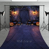 Aperturee - Aperturee Halloween Enchanted Stone Wall Sweep Backdrop with Wooden Door Glowing Jack-O-Lanterns and Cauldrons