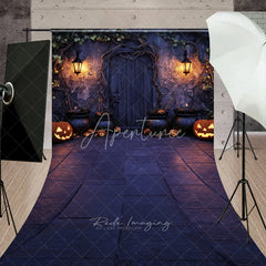 Aperturee - Aperturee Halloween Enchanted Stone Wall Sweep Backdrop with Wooden Door Glowing Jack-O-Lanterns and Cauldrons
