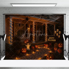 Aperturee - Aperturee Halloween Front Porch Photography Backdrop Night Scene with Jack-o-lanterns Spooky House Party Decorations