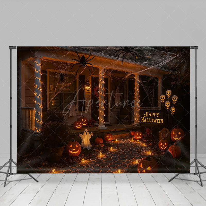 Aperturee - Aperturee Halloween Front Porch Photography Backdrop Night Scene with Jack-o-lanterns Spooky House Party Decorations