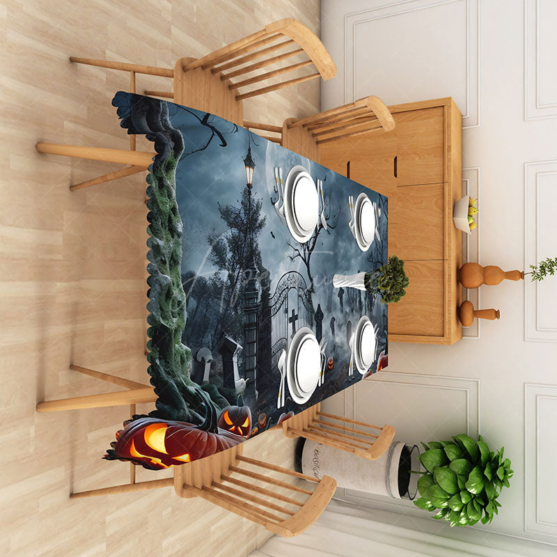 Aperturee - Aperturee Halloween Graveyard Rectangle Tablecloth with Jack O’ Lanterns for Spooky Cemetery and Haunted Party Decor