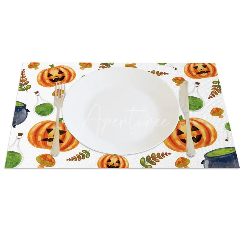 Aperturee - Aperturee Halloween Jack-O’-Lantern and Mushroom Set of 4 Placemats for Whimsical and Spooky Autumn Decor