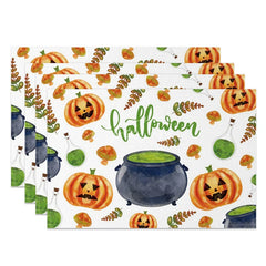 Aperturee - Aperturee Halloween Jack-O’-Lantern and Mushroom Set of 4 Placemats for Whimsical and Spooky Autumn Decor
