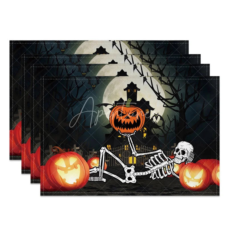 Aperturee - Aperturee Halloween Jack-O’-Lantern and Skeleton Set of 4 Placemats for Spooky and Fun Holiday Party Decor
