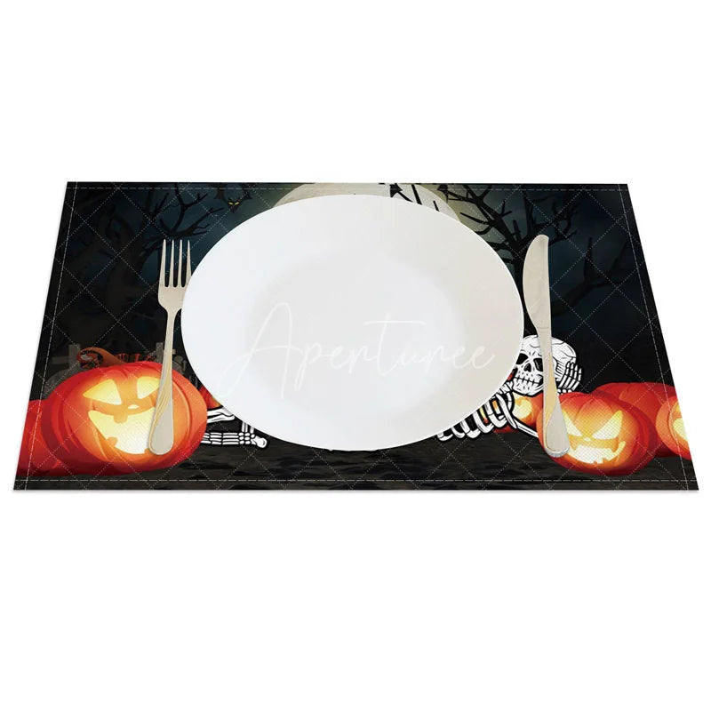Aperturee - Aperturee Halloween Jack-O’-Lantern and Skeleton Set of 4 Placemats for Spooky and Fun Holiday Party Decor