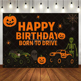 Aperturee - Aperturee Halloween Monster Truck Birthday Backdrop Pumpkin Skeleton Boys Party Background Spooky Born to Drive Photography Prop