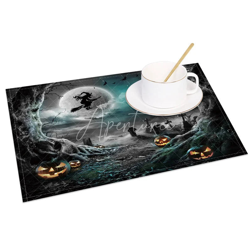 Aperturee - Aperturee Halloween Night Set of 4 Placemats with Witch Bat and Cemetery for Spooky and Gothic Party Decor