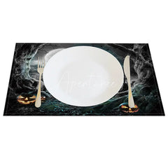 Aperturee - Aperturee Halloween Night Set of 4 Placemats with Witch Bat and Cemetery for Spooky and Gothic Party Decor