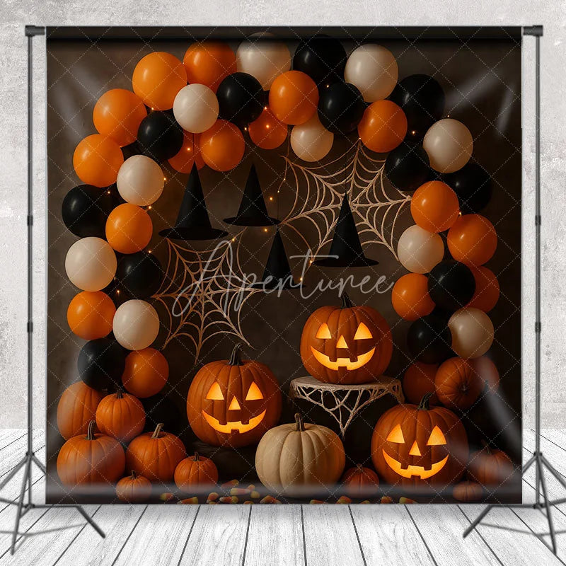 Aperturee - Aperturee Halloween Party Balloon Arch Photography Backdrop Orange and Black Jack-o-lanterns Spooky Photo Booth Decor
