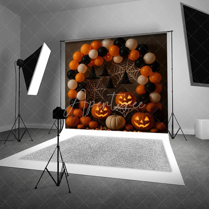 Aperturee - Aperturee Halloween Party Balloon Arch Photography Backdrop Orange and Black Jack-o-lanterns Spooky Photo Booth Decor