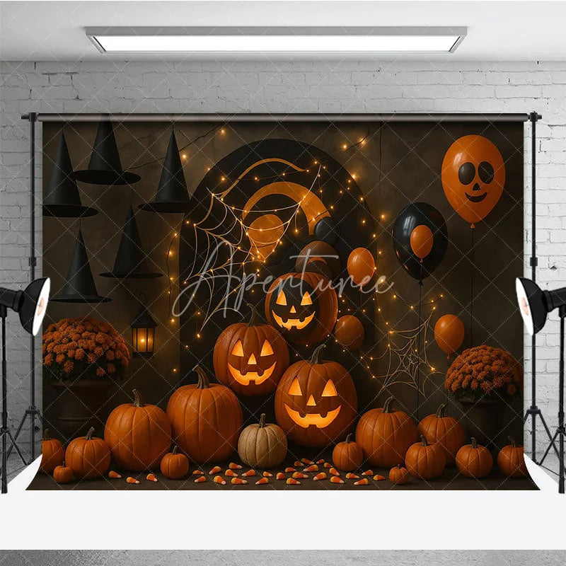 Aperturee - Aperturee Halloween Party Photography Backdrop Jack-o-lanterns with Witch Hats Spooky Balloons and String Lights Decor