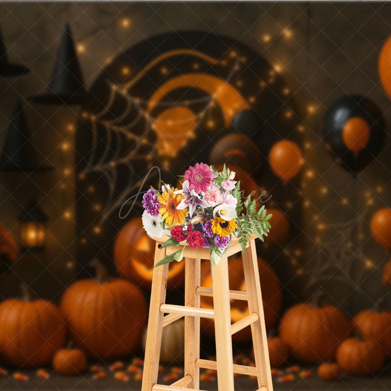 Aperturee - Aperturee Halloween Party Photography Backdrop Jack-o-lanterns with Witch Hats Spooky Balloons and String Lights Decor