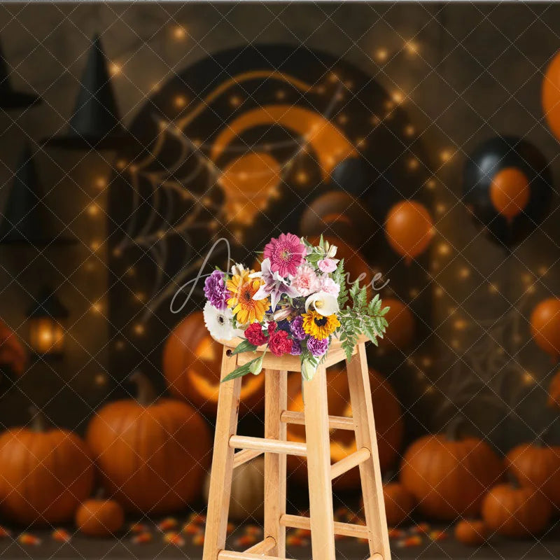 Aperturee - Aperturee Halloween Party Photography Backdrop Jack-o-lanterns with Witch Hats Spooky Balloons and String Lights Decor