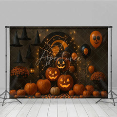 Aperturee - Aperturee Halloween Party Photography Backdrop Jack-o-lanterns with Witch Hats Spooky Balloons and String Lights Decor