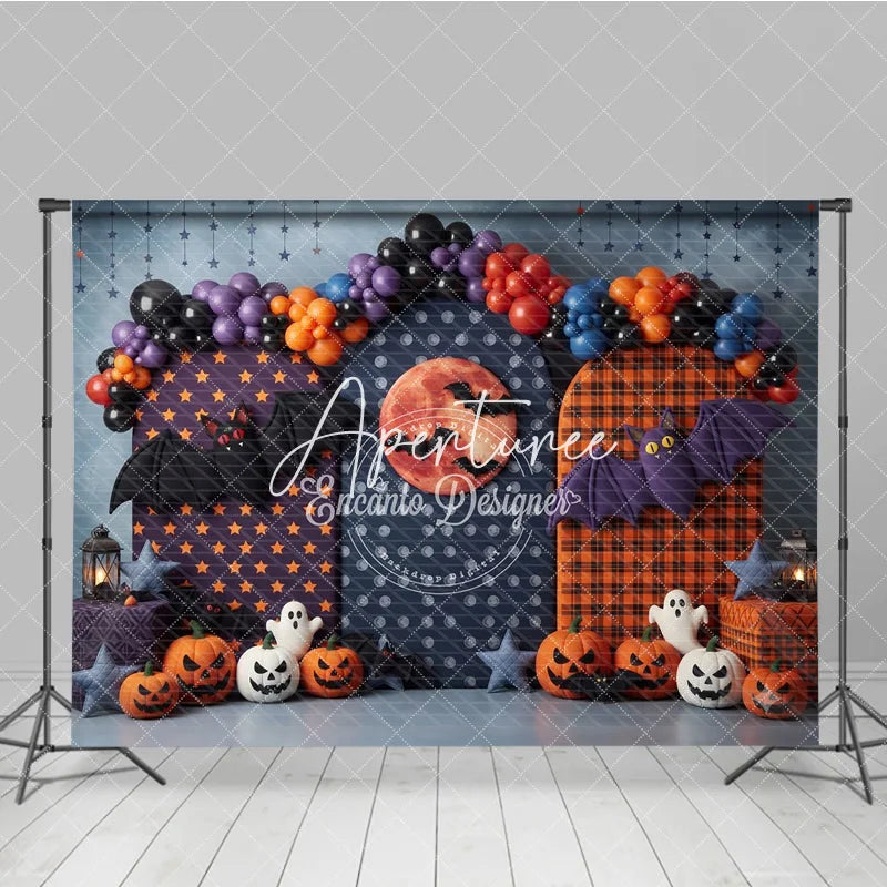 Aperturee - Aperturee Halloween Photography Backdrop featuring Spooky Bats Jack-o-Lanterns Ghosts and a Red Moon perfect for Party Decor