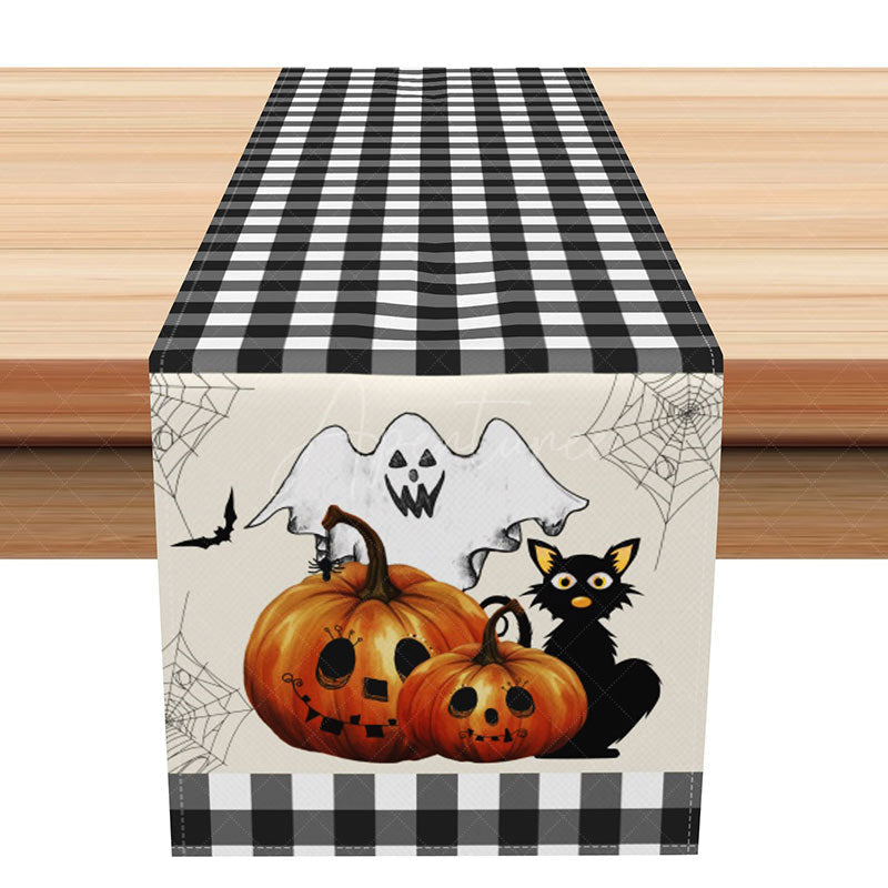 Aperturee - Aperturee Halloween Plaid Table Runner with Ghost and Cat Spooky Pumpkin Patch Design Fun Kids Trick or Treat Party Decor