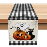 Aperturee - Aperturee Halloween Plaid Table Runner with Ghost and Cat Spooky Pumpkin Patch Design Fun Kids Trick or Treat Party Decor