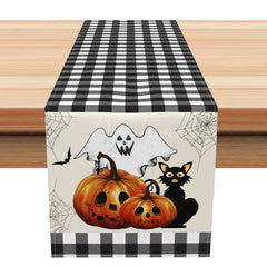 Aperturee - Aperturee Halloween Plaid Table Runner with Ghost and Cat Spooky Pumpkin Patch Design Fun Kids Trick or Treat Party Decor
