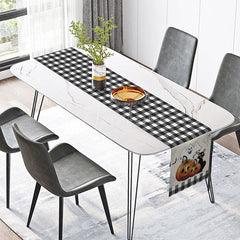 Aperturee - Aperturee Halloween Plaid Table Runner with Ghost and Cat Spooky Pumpkin Patch Design Fun Kids Trick or Treat Party Decor