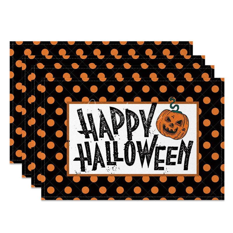 Aperturee - Aperturee Halloween Polka Dot and Jack-O’-Lantern Set of 4 Placemats for Fun and Spooky Kids Party Decorations