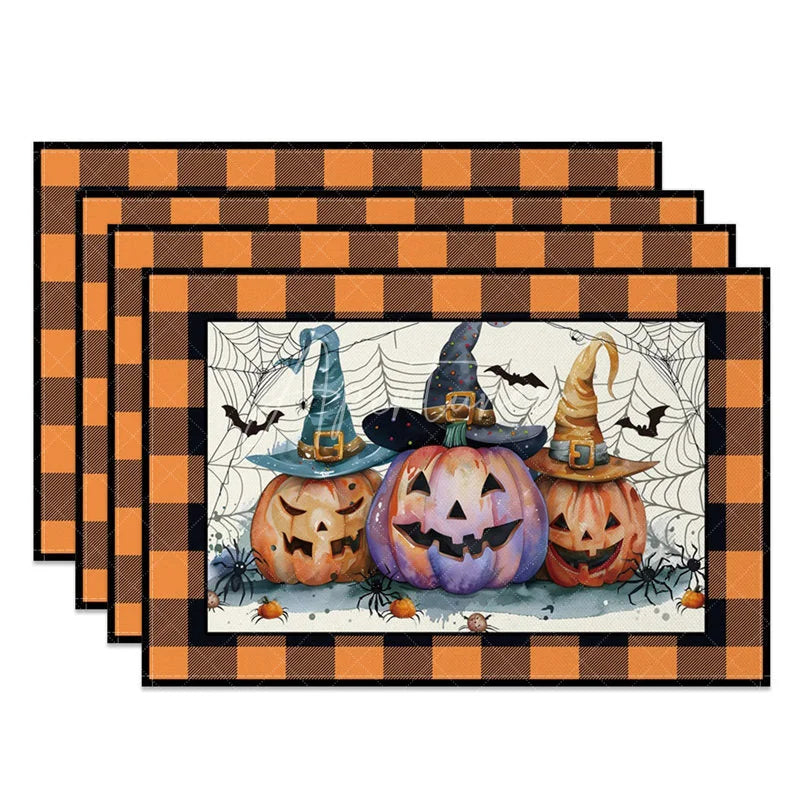 Aperturee - Aperturee Halloween Pumpkin Bat and Cobweb Set of 4 Placemats with Orange Frame for Spooky Party Decor