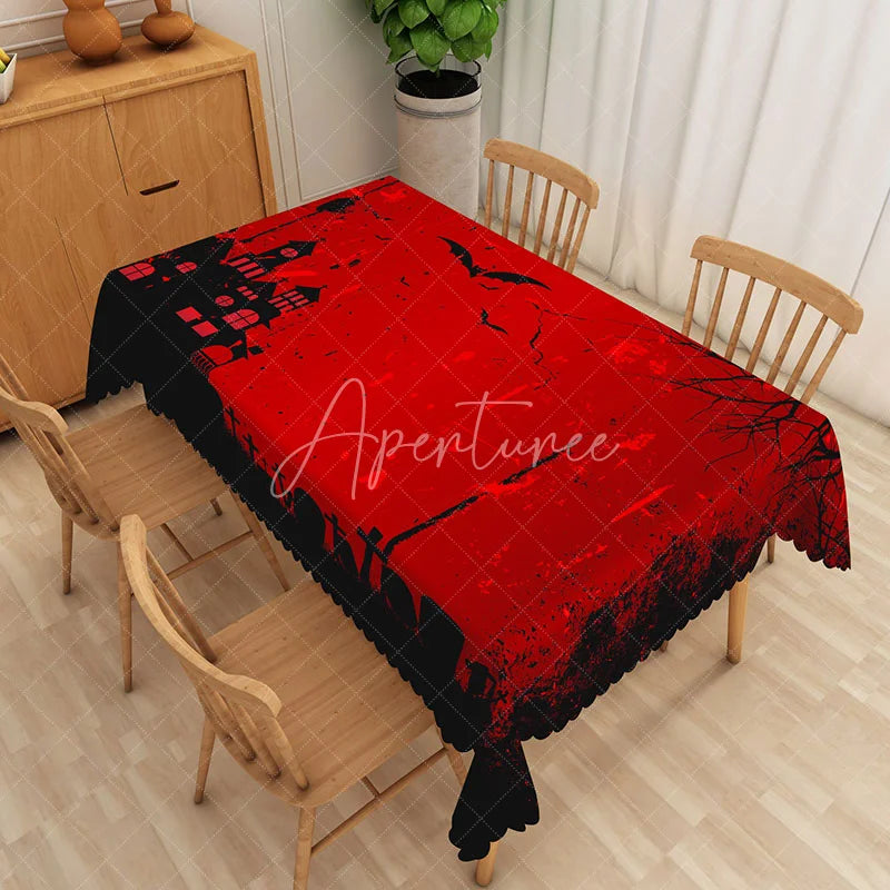 Aperturee - Aperturee Halloween Rectangle Tablecloth with Red Haunted House and Black Bats for Spooky Holiday Party Decor