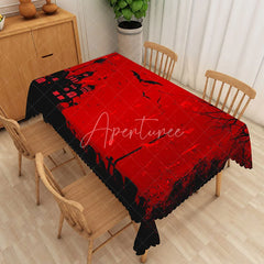 Aperturee - Aperturee Halloween Rectangle Tablecloth with Red Haunted House and Black Bats for Spooky Holiday Party Decor