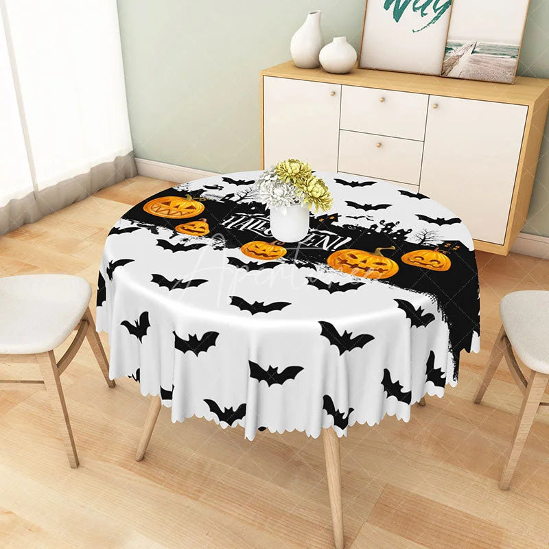 Aperturee - Aperturee Halloween Round Tablecloth with Jack-o’-Lanterns and Bats for Spooky and Festive Holiday Decor