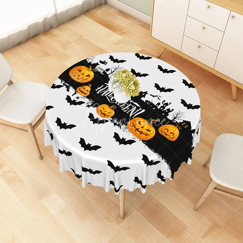 Aperturee - Aperturee Halloween Round Tablecloth with Jack-o’-Lanterns and Bats for Spooky and Festive Holiday Decor
