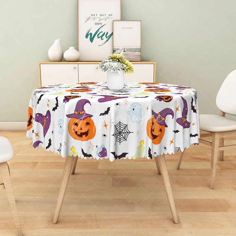 Aperturee - Aperturee Halloween Round Tablecloth with Jack-O’-Lanterns Bats and Ghosts for Spooky Kids Party Decor