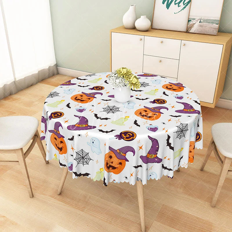 Aperturee - Aperturee Halloween Round Tablecloth with Jack-O’-Lanterns Bats and Ghosts for Spooky Kids Party Decor