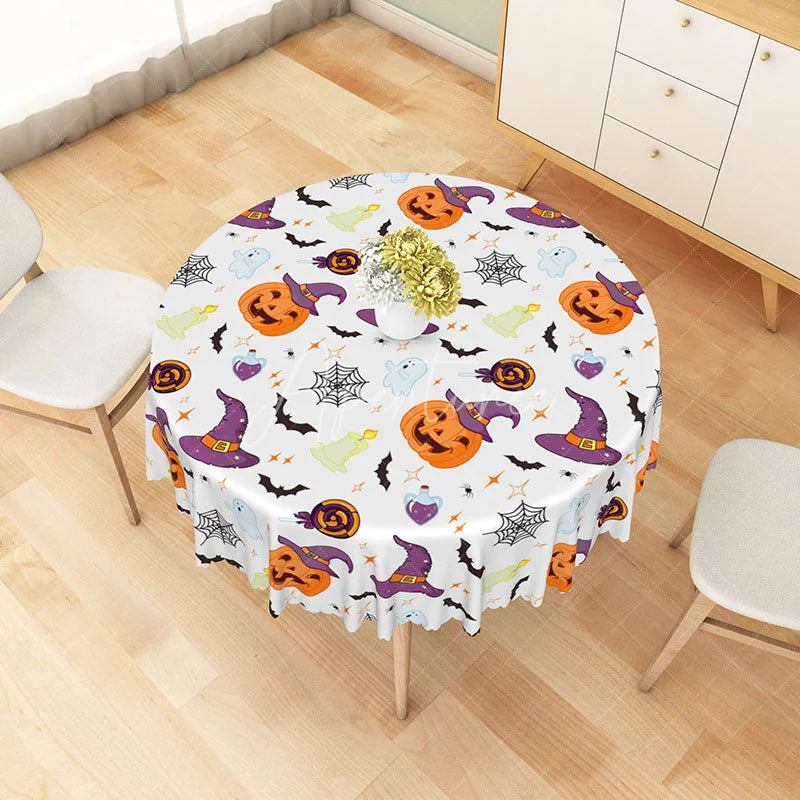Aperturee - Aperturee Halloween Round Tablecloth with Jack-O’-Lanterns Bats and Ghosts for Spooky Kids Party Decor