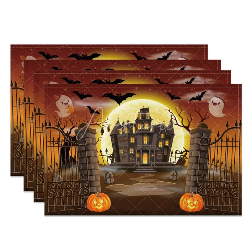 Aperturee - Aperturee Halloween Set of 4 Placemats with Bat Ghost Castle and Jack-O’-Lantern for Spooky Party Decor