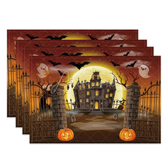 Aperturee - Aperturee Halloween Set of 4 Placemats with Bat Ghost Castle and Jack-O’-Lantern for Spooky Party Decor