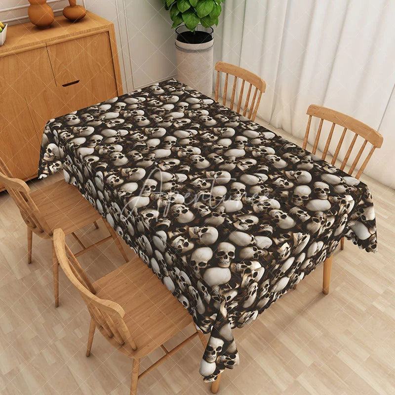 Aperturee - Aperturee Halloween Skull Rectangle Tablecloth in Brown and White for Gothic and Spooky Pirate Themed Party Decor
