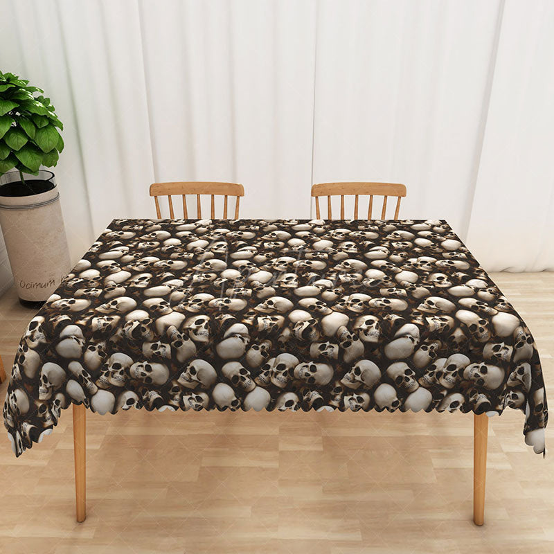 Aperturee - Aperturee Halloween Skull Rectangle Tablecloth in Brown and White for Gothic and Spooky Pirate Themed Party Decor