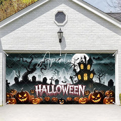 Aperturee - Aperturee Halloween Spooky Garage Door Banner Haunted House with Carved Pumpkins and Full Moon Decor