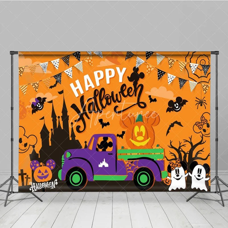 Aperturee - Aperturee Halloween Town Inspired Backdrop with Purple Truck Spooky Castle and Mouse Ear Pumpkins Cartoon Party Decor
