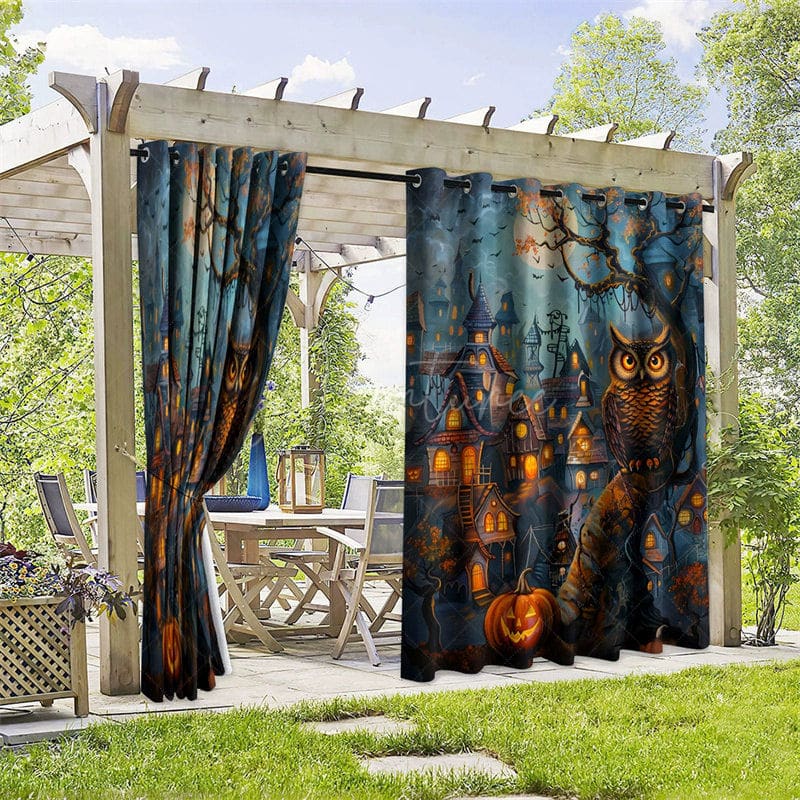 Aperturee - Aperturee Halloween Town Waterproof Printed Outdoor Curtains