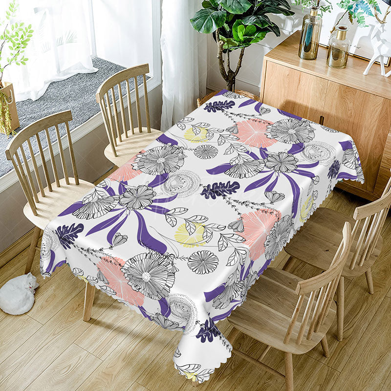 Aperturee - Aperturee Hand Drawn Floral and Plant Rectangle Tablecloth for Artistic and Botanical Farmhouse Kitchen Decor