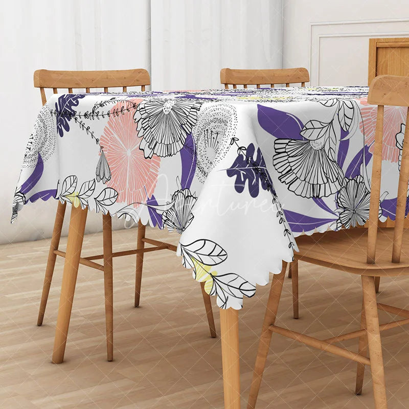 Aperturee - Aperturee Hand Drawn Floral and Plant Rectangle Tablecloth for Artistic and Botanical Farmhouse Kitchen Decor