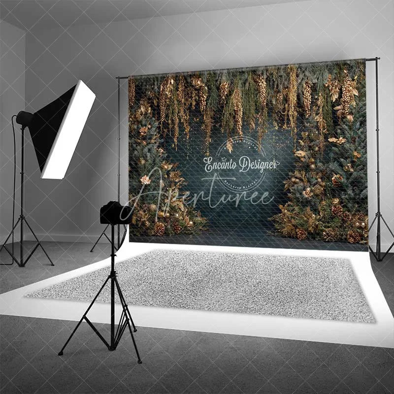 Aperturee - Aperturee Hanging Gold Pine Cone Christmas Backdrop Blue Winter Floral Photography Background