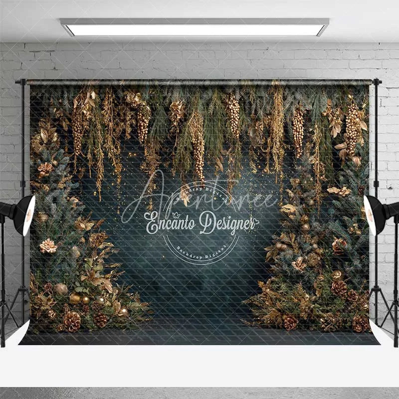 Aperturee - Aperturee Hanging Gold Pine Cone Christmas Backdrop Blue Winter Floral Photography Background