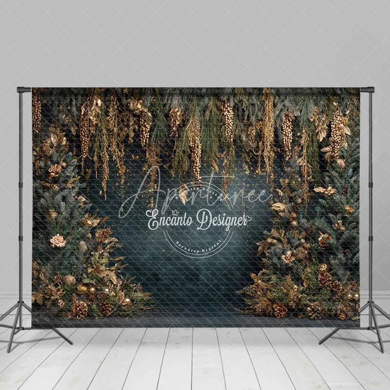 Aperturee - Aperturee Hanging Gold Pine Cone Christmas Backdrop Blue Winter Floral Photography Background
