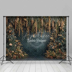 Aperturee - Aperturee Hanging Gold Pine Cone Christmas Backdrop Blue Winter Floral Photography Background