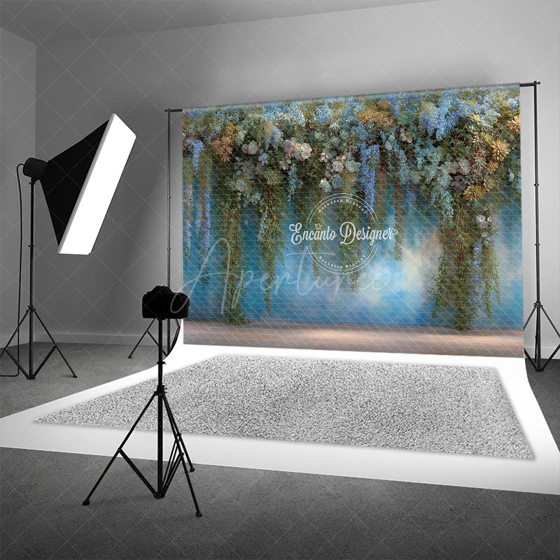 Aperturee - Aperturee Hanging Greenery and Succulent Wall Photography Backdrop Blue and Purple Floral Modern Wedding Photo Background