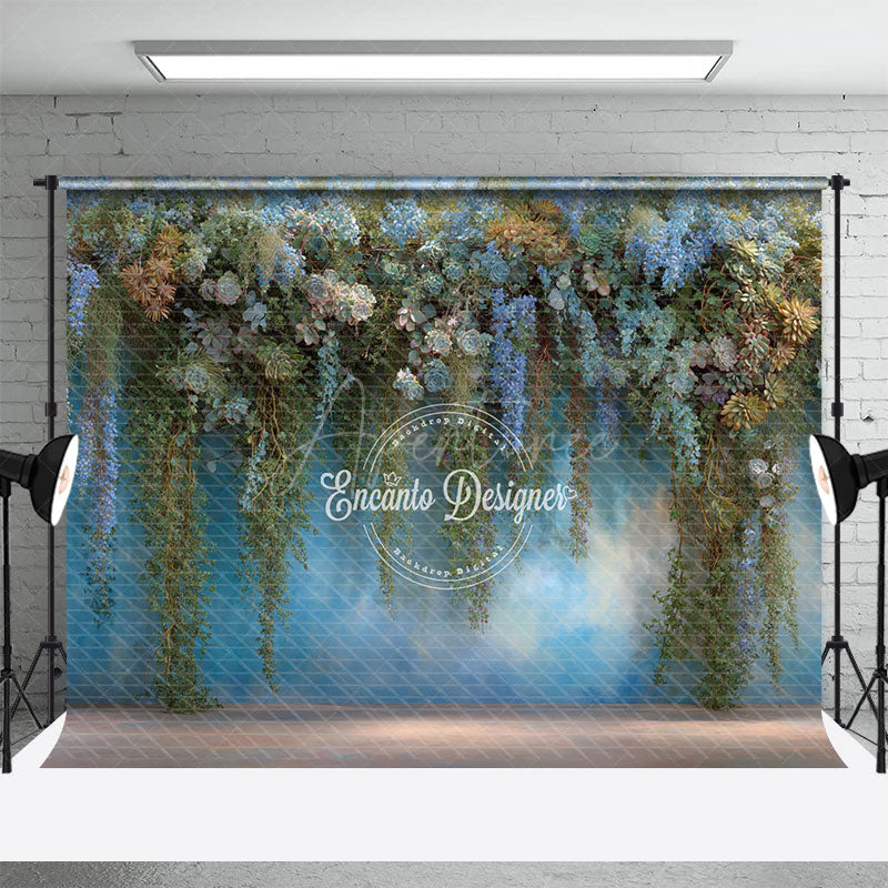 Aperturee - Aperturee Hanging Greenery and Succulent Wall Photography Backdrop Blue and Purple Floral Modern Wedding Photo Background