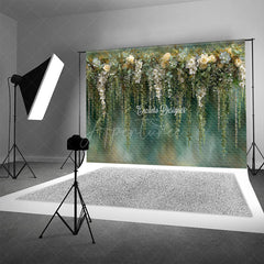 Aperturee - Aperturee Hanging Greenery and White Rose Photography Backdrop Eucalyptus Floral Wall Elegant Wedding Photo Background