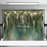 Aperturee - Aperturee Hanging Greenery and White Rose Photography Backdrop Eucalyptus Floral Wall Elegant Wedding Photo Background